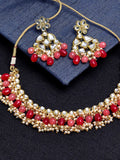 KARATCART Gold-Plated White & Red Kundan-Studded & Pearl Beaded Handcrafted Jewellery Set