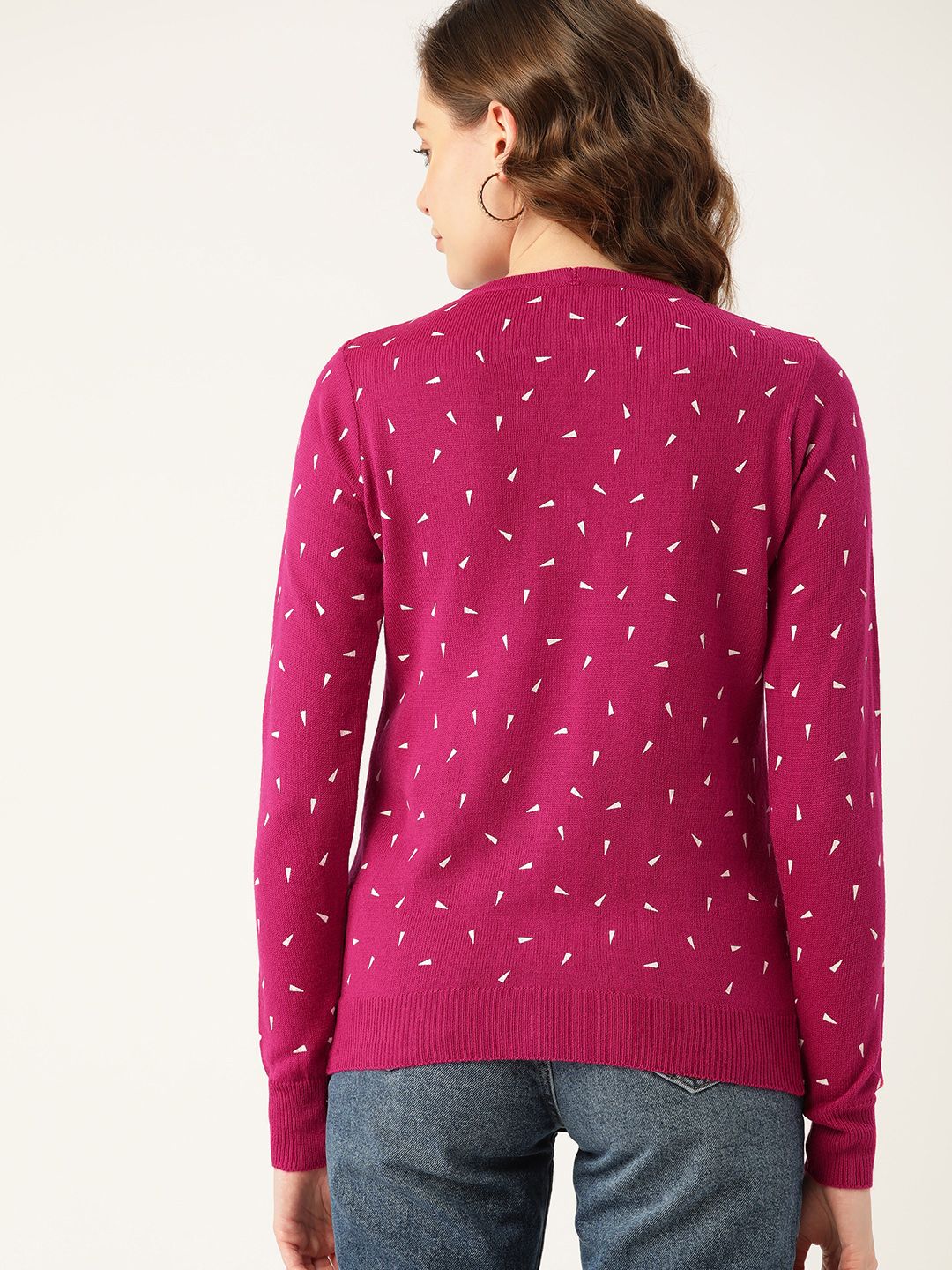 DressBerry Women Fuchsia & White Geometric Printed Cardigan