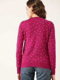 DressBerry Women Fuchsia & White Geometric Printed Cardigan