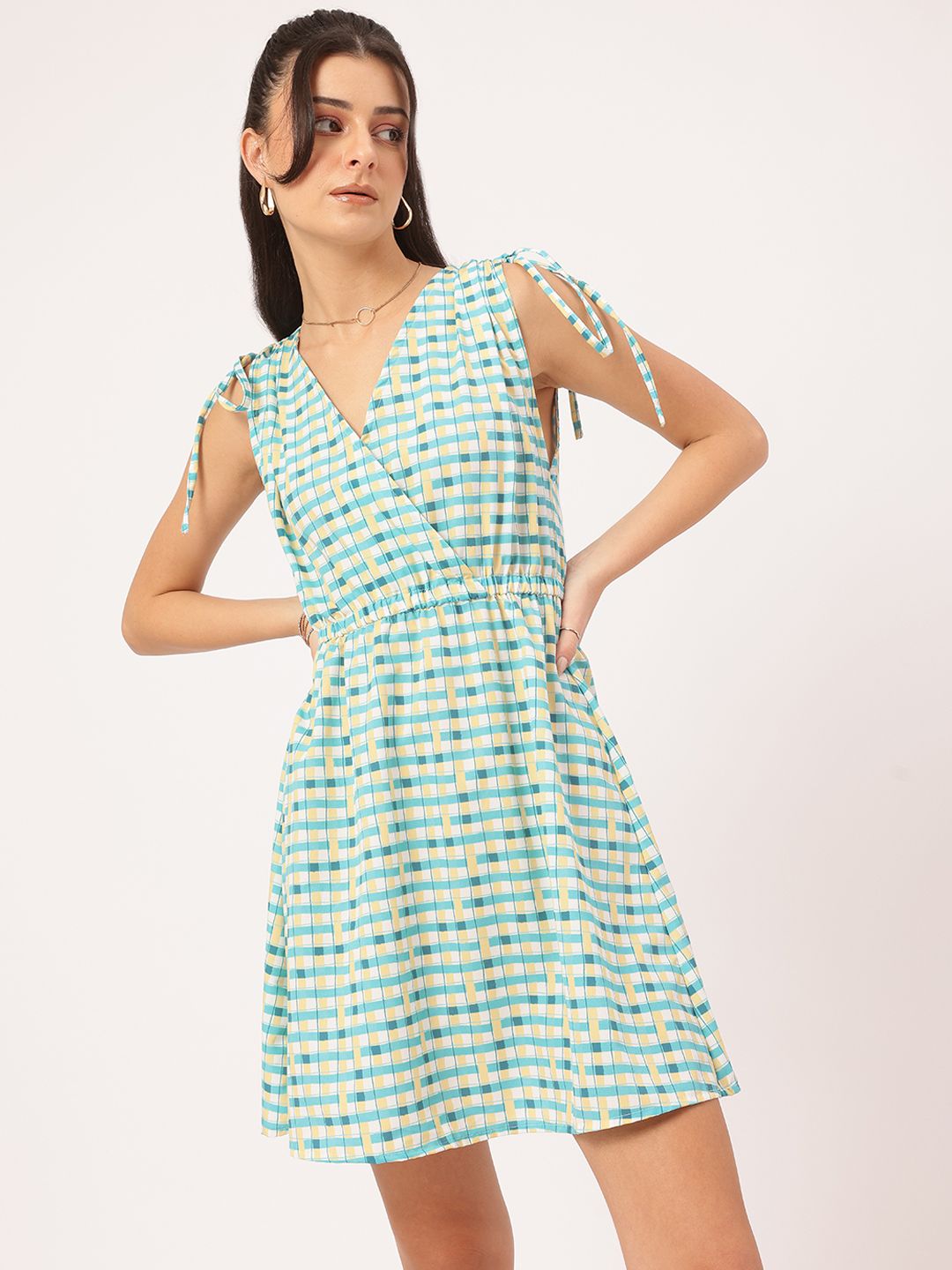 DressBerry Urban Chic Tie-Up Sleeves Checked Wrap Dress