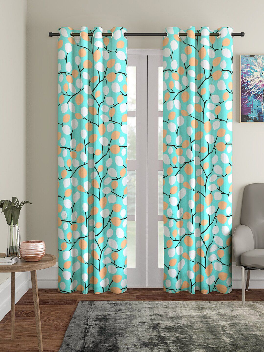 Cortina Turquoise Blue & White Set of 2 Printed Long Door Curtains
