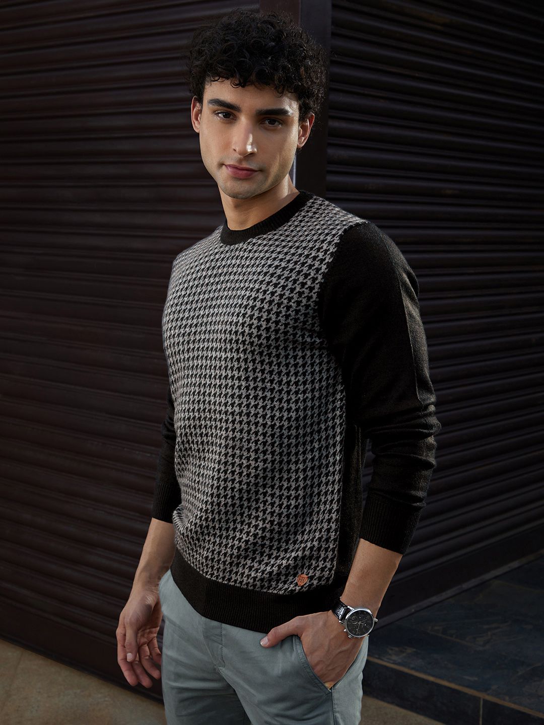 Raymond Men Black & Grey Self-Design Round-Neck Pullover Sweater