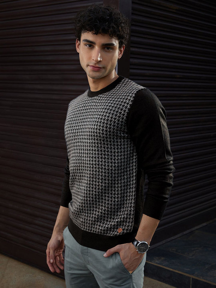Raymond Men Black & Grey Self-Design Round-Neck Pullover Sweater