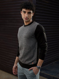 Raymond Men Black & Grey Self-Design Round-Neck Pullover Sweater