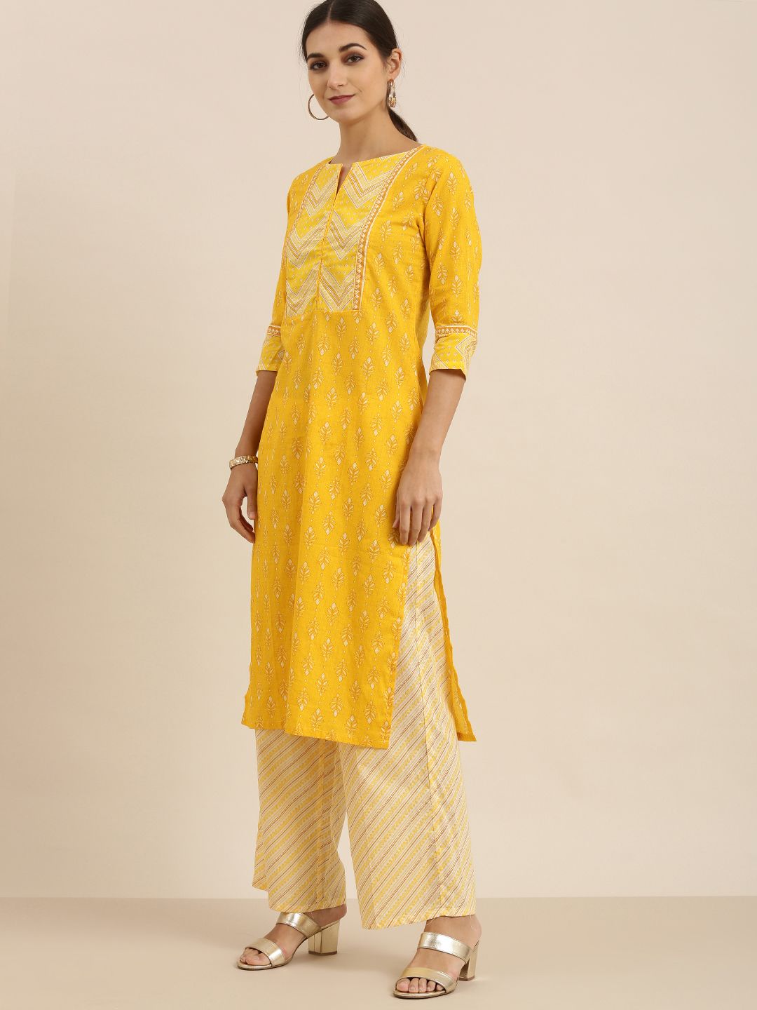 Vishudh Women Yellow & Off-White Printed Kurta with Palazzos