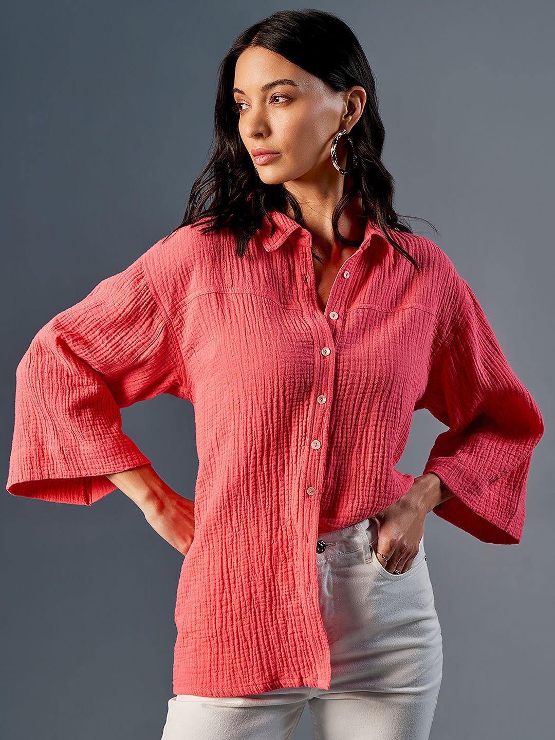 AND Shirt Collar Flared Sleeve Cotton Shirt Style Top