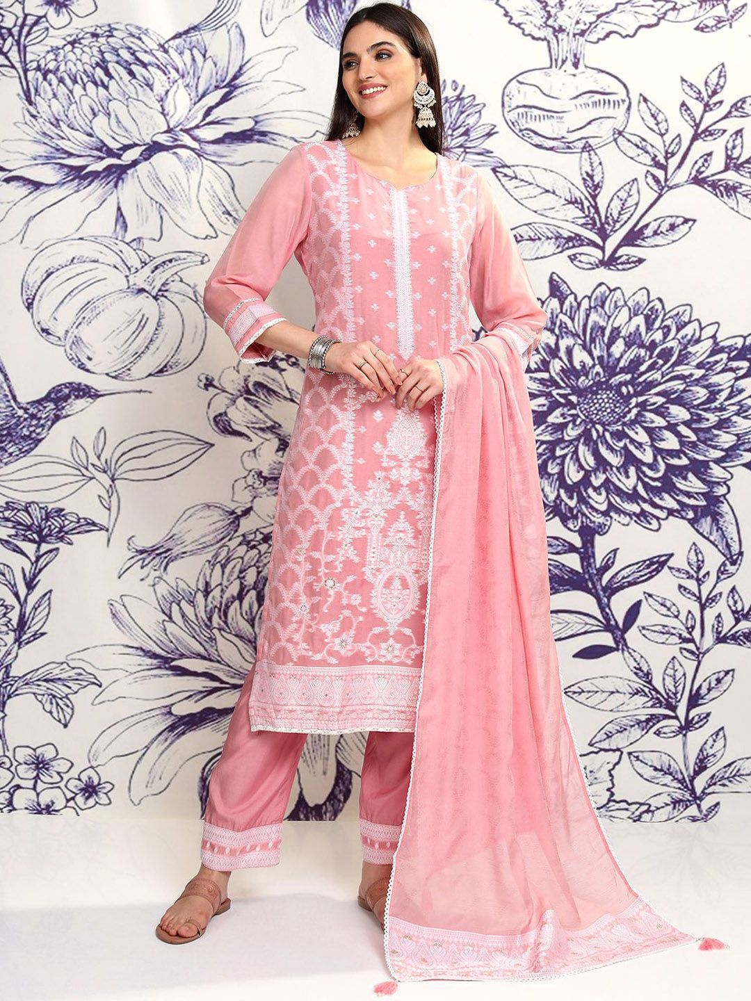 Vishudh Ethnic Motifs Embroidered Straight Kurta & Trousers With Dupatta