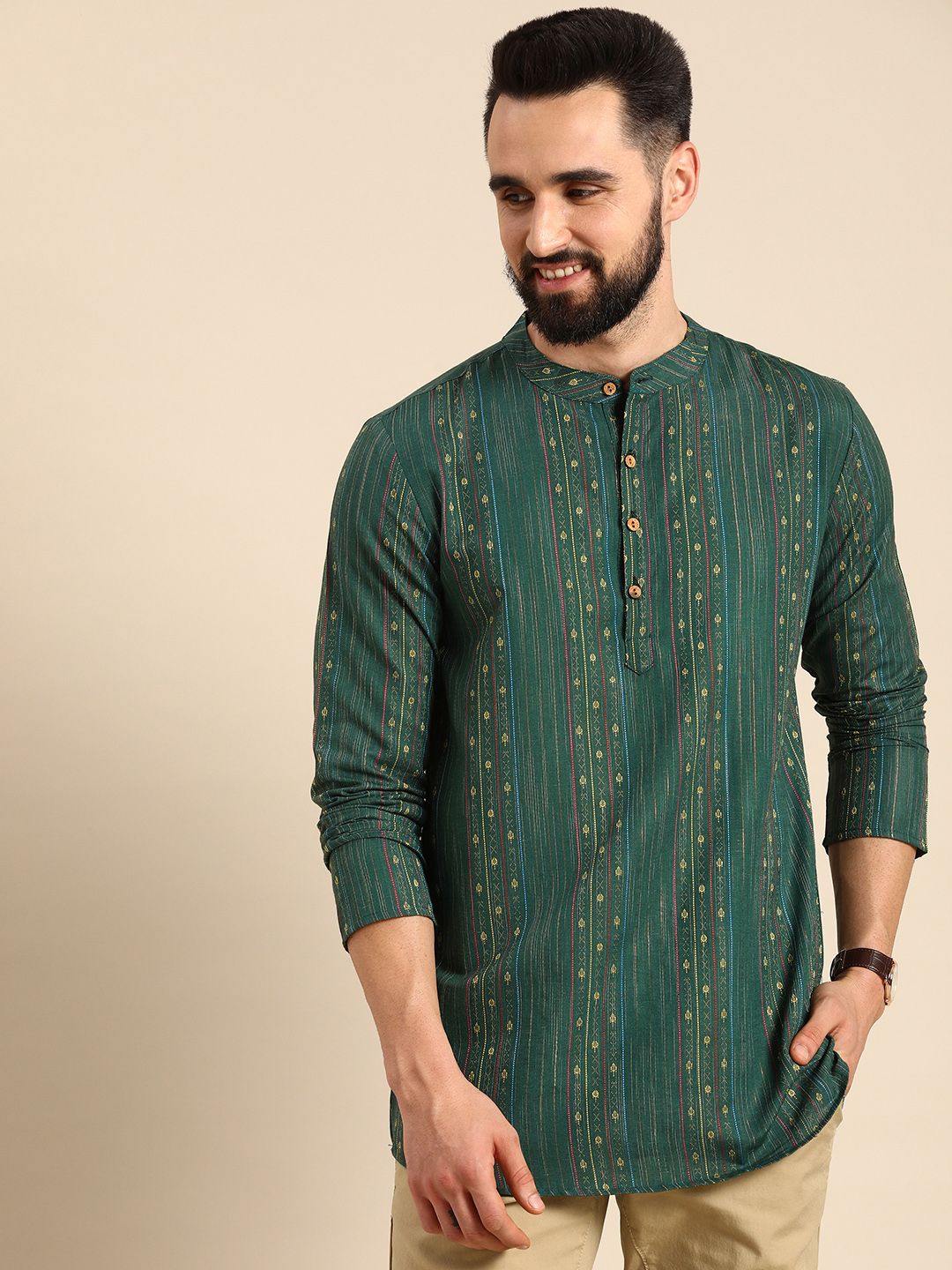 Anouk Men Green & Gold-Toned Striped Thread Work Straight Short Kurta