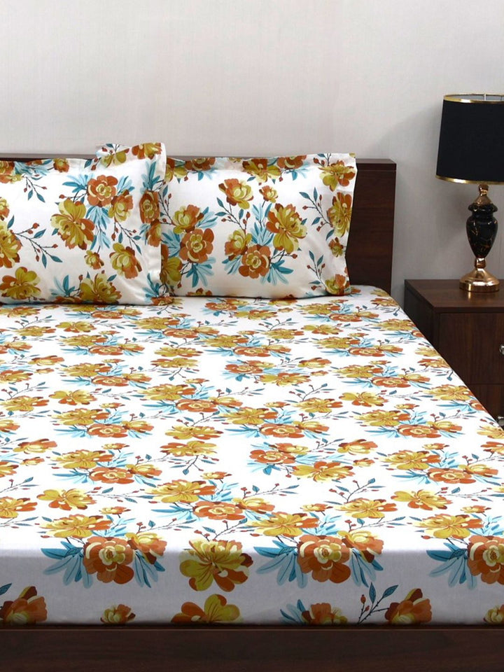 BOMBAY DYEING Allure Brown Floral Cotton 144 TC Fitted Bedsheet Set-1.52 m X1.98mX 30cm