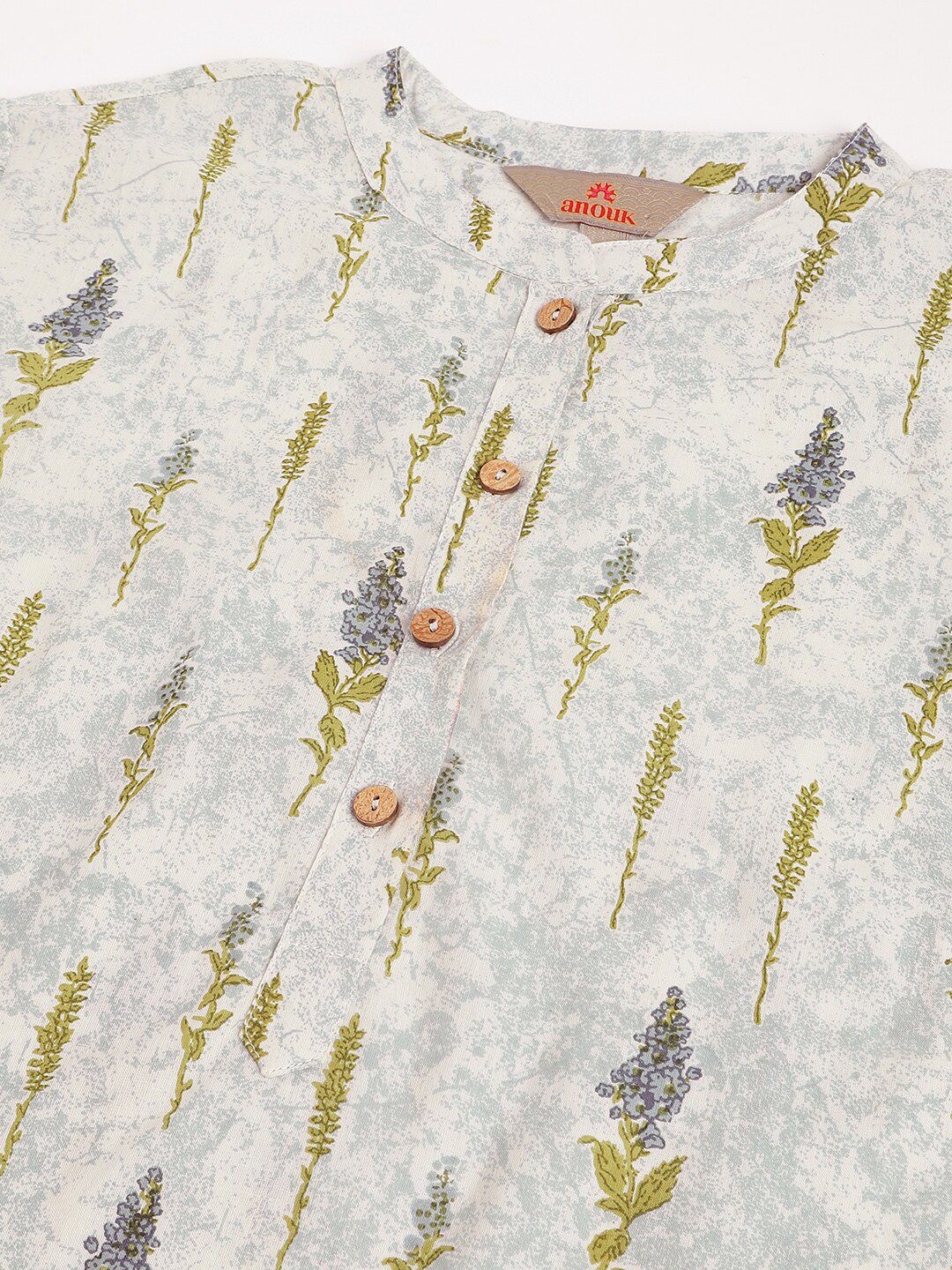 Anouk Off White Botanical Printed Mandarin Collar Pure Cotton Short Kurti