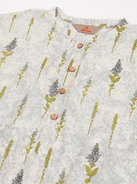 Anouk Off White Botanical Printed Mandarin Collar Pure Cotton Short Kurti