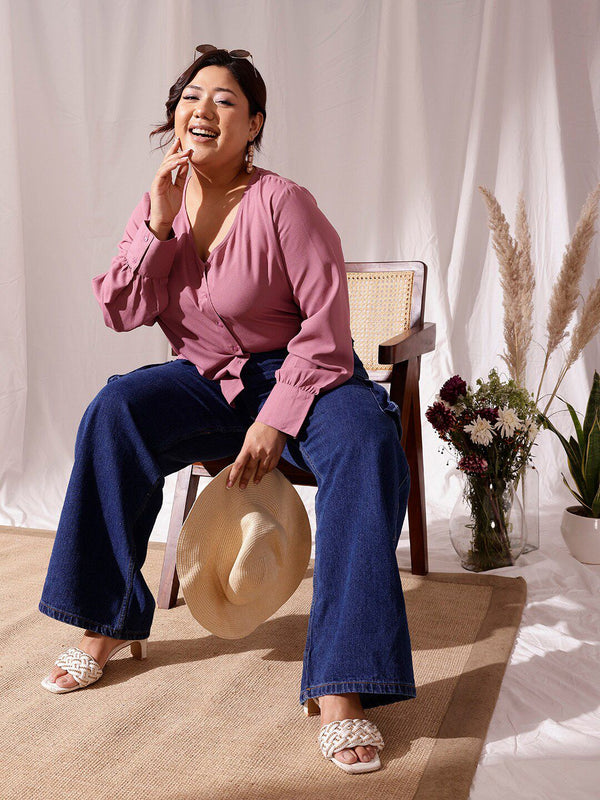 CURVY STREET Self Design Cuffed sleeves Shirt Style Top