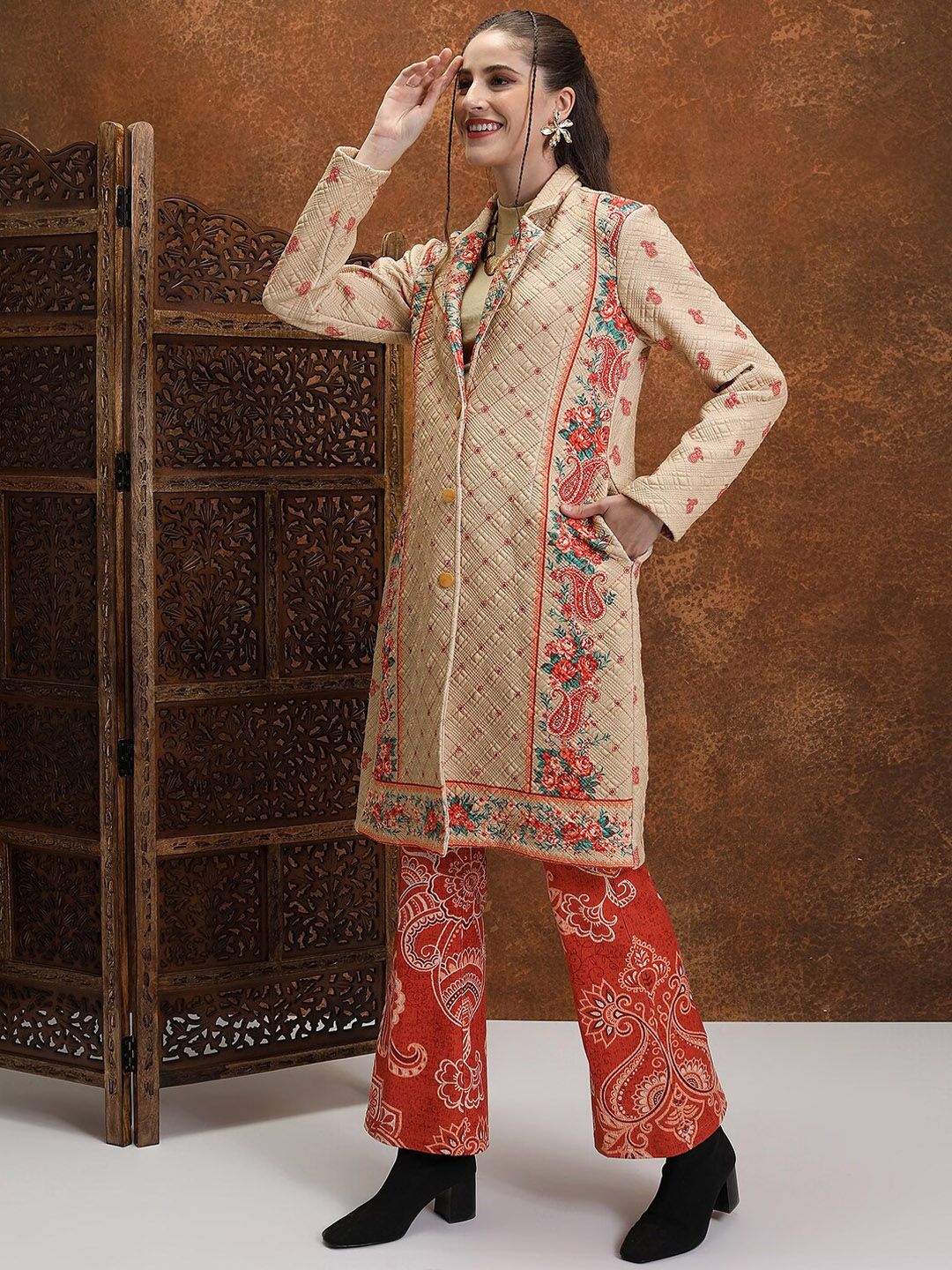 Vishudh Beige Floral Longline Biker Jacket