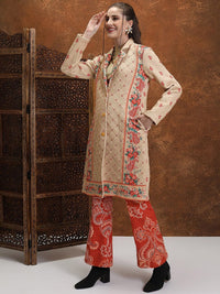 Vishudh Beige Floral Longline Biker Jacket