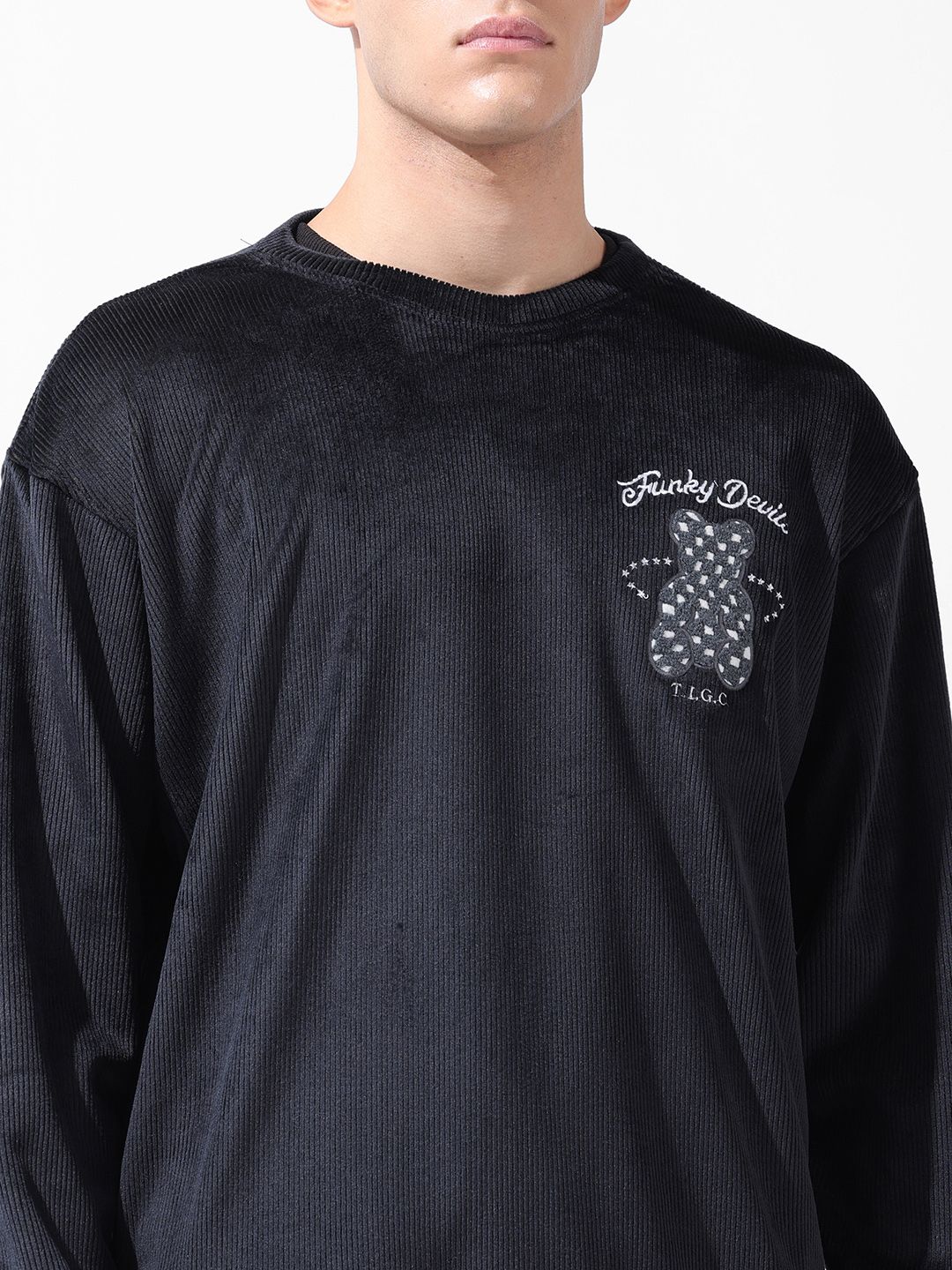 The Indian Garage Co Men Oversized Self Design Corduroy Crew Neck Sweatshirt
