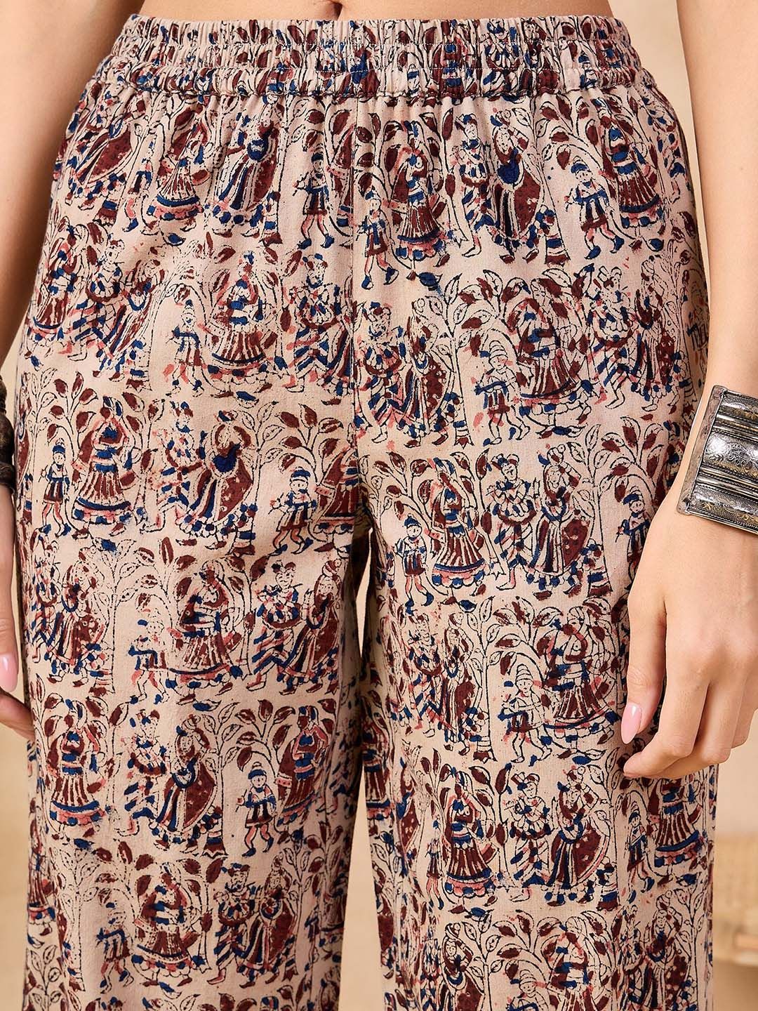 Anouk Beige Kalamkari Printed Halter Neck Pure Cotton A-Line Kurta With Palazzos