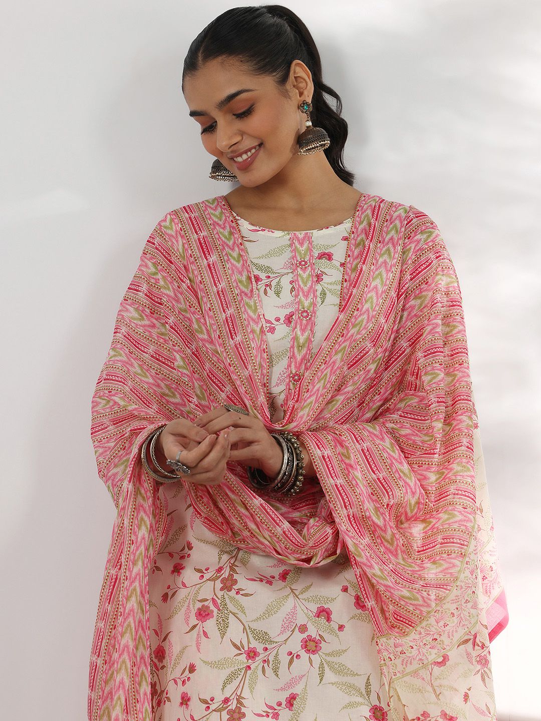 Libas Floral Printed Gotta Patti Pure Cotton Straight Kurta with Trousers & Dupatta
