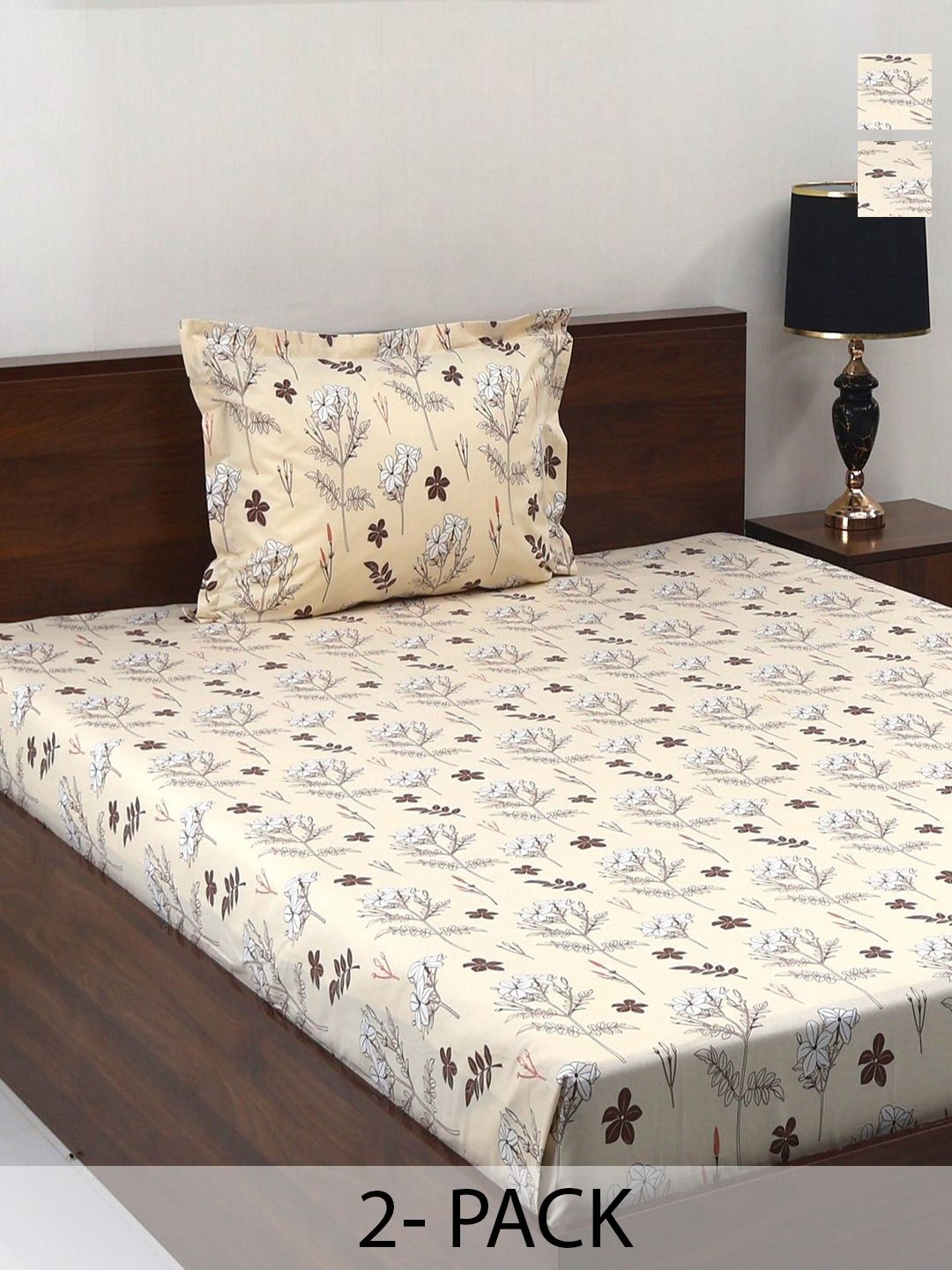 BOMBAY DYEING Brown Vintage Printed Pure Cotton 180 TC  Bedsheet Set 1.52 m X 2.28 m