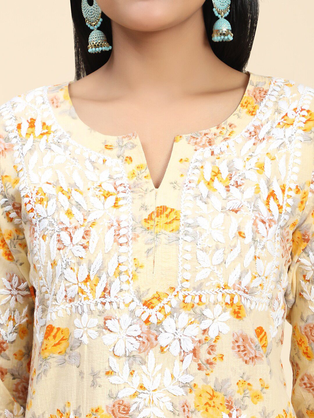 HOUSE OF KARI Women Floral Printed Thread Work Cotton Kurta