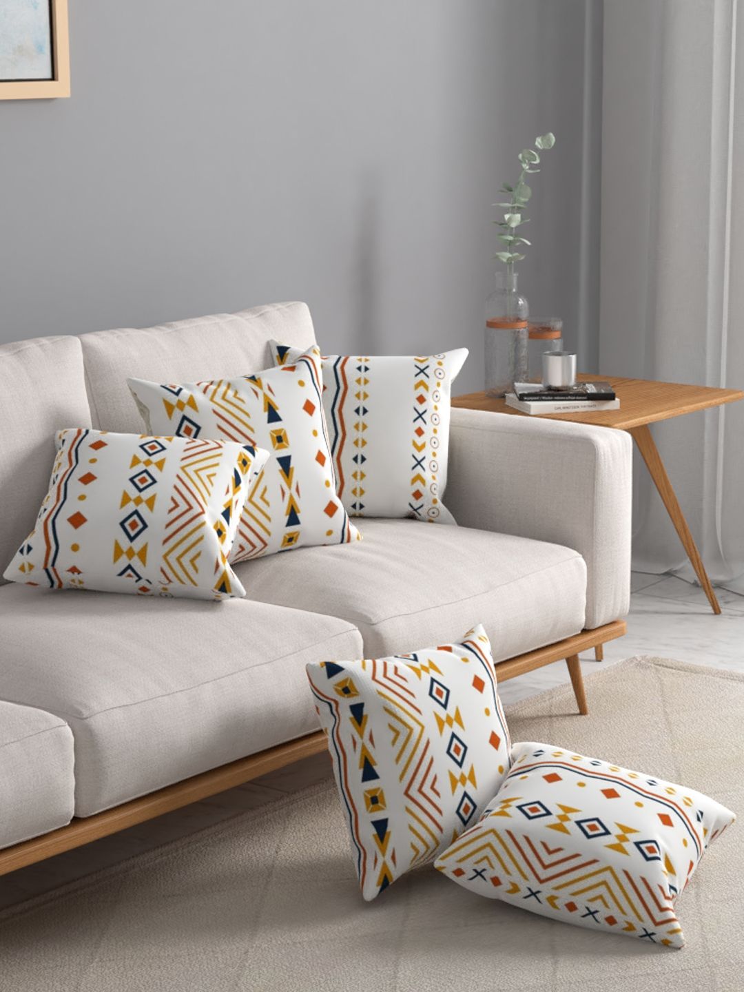 URBAN SPACE Orange & Off White Pack of 3 Printed Square Cushion Covers