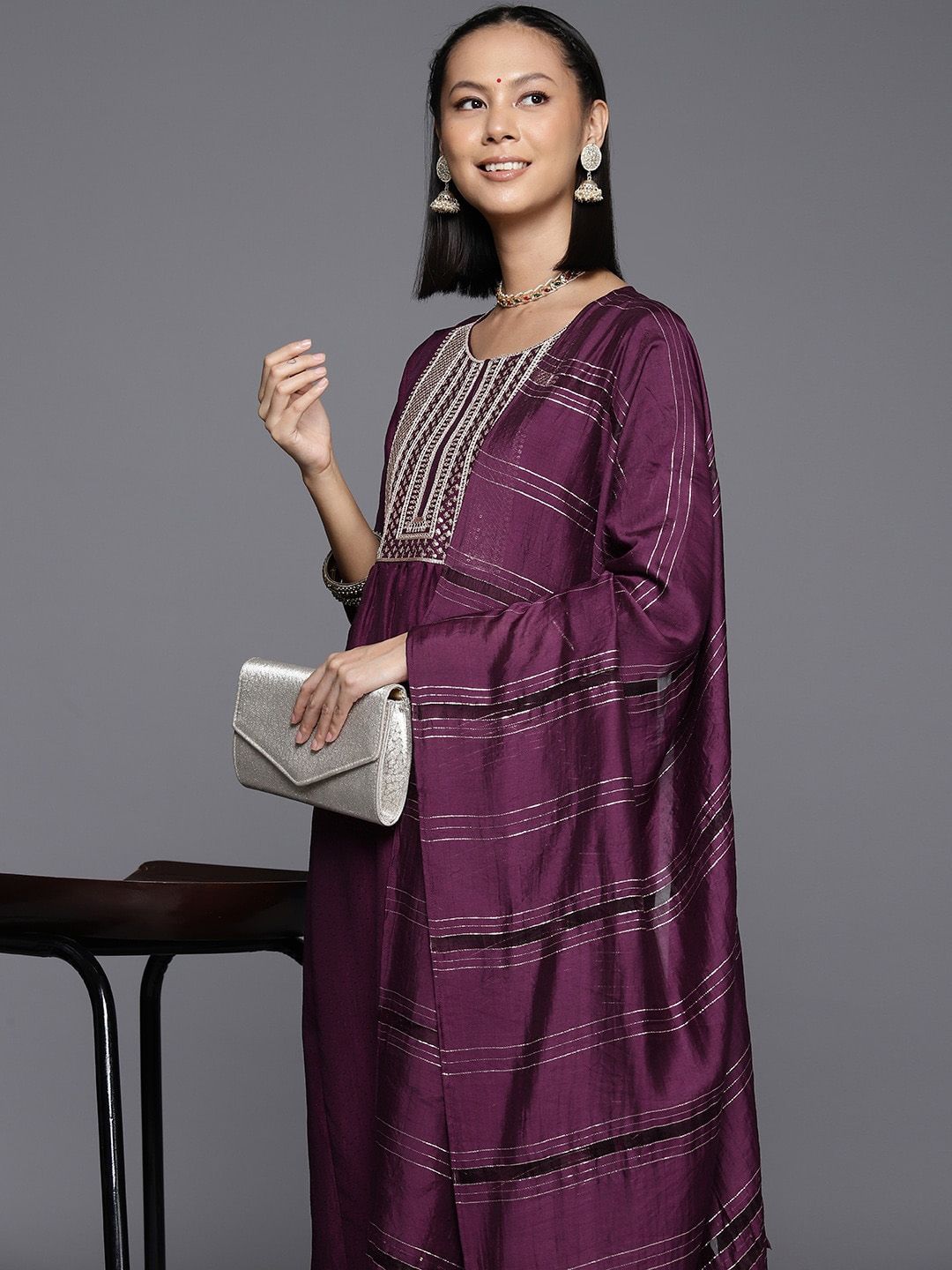 Varanga Ethnic Motifs Yoke Design Zari Sequined Kurta with Trousers & Dupatta
