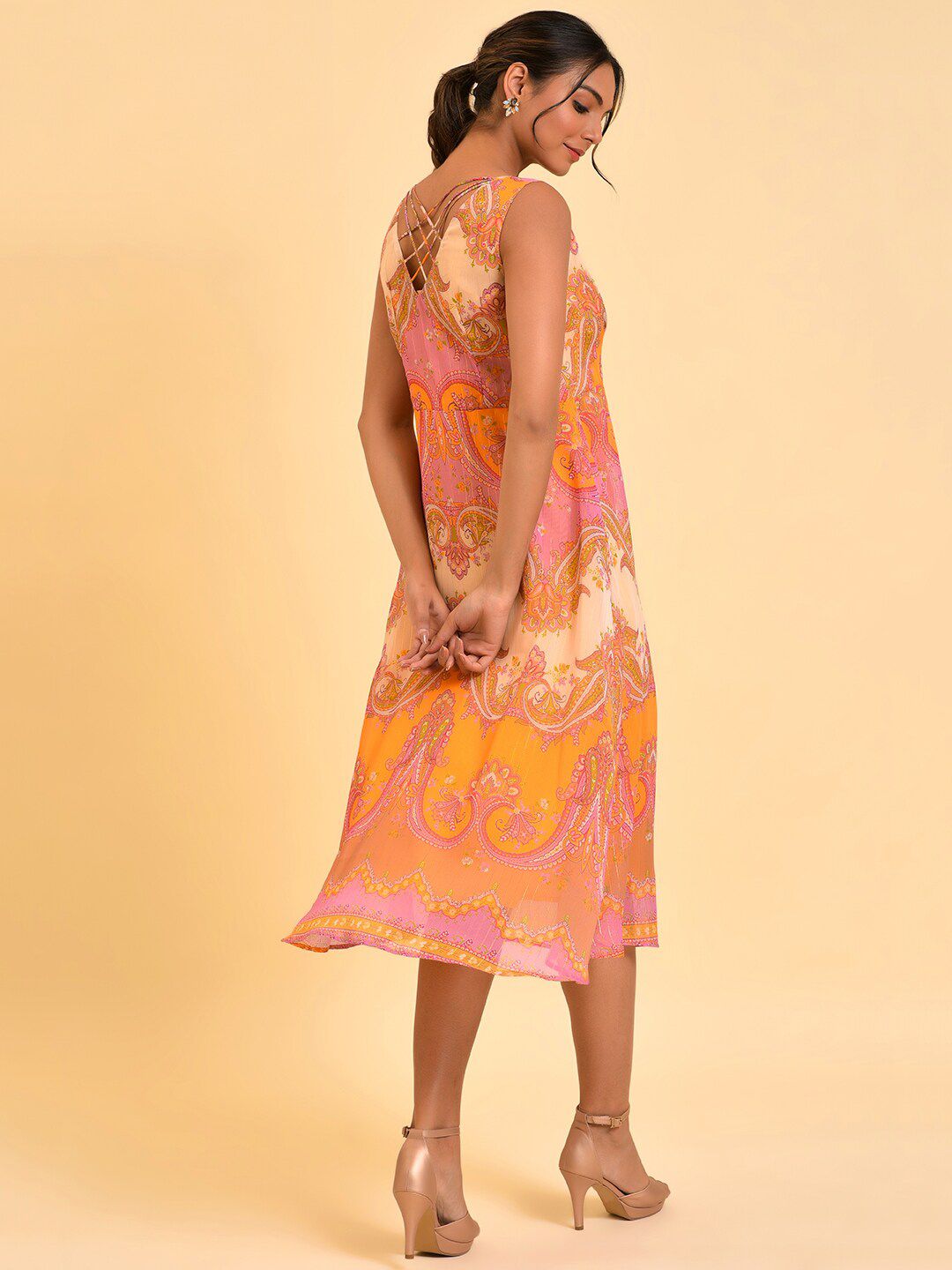 W Orange Ethnic Motifs Printed A-Line Midi Dress
