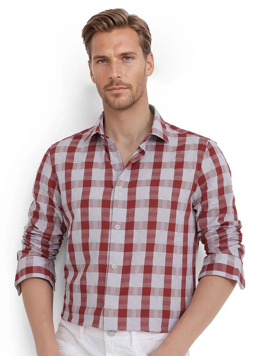 RARE RABBIT Comfort Spread Collar Checked Pure Cotton Casual Shirt