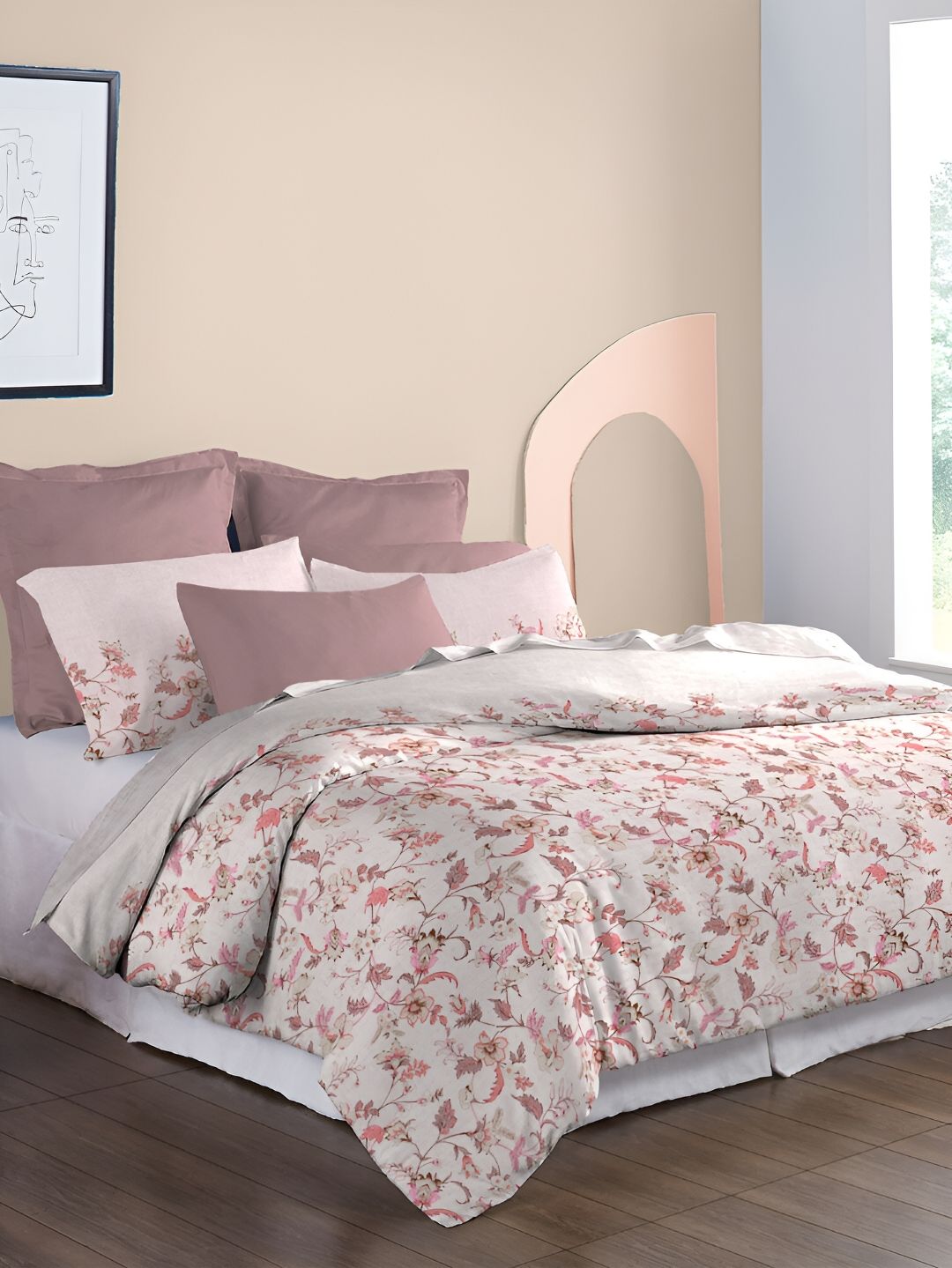 MYTRIDENT White & Pink Floral 210 TC Pure Cotton King Bedsheet with 2 Pillow Covers