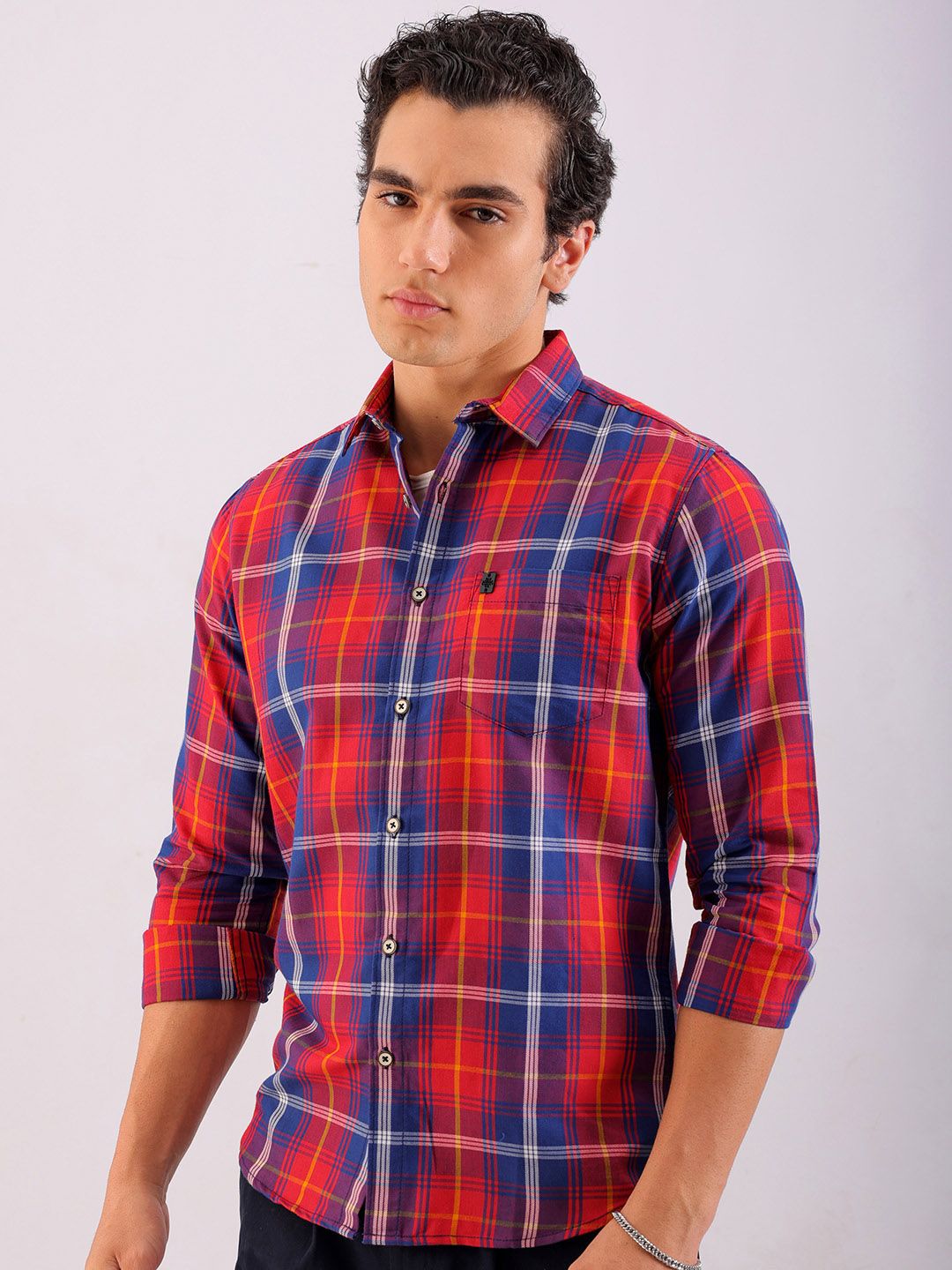 The Indian Garage Co Men Red Tartan Checked Cotton Casual Shirt