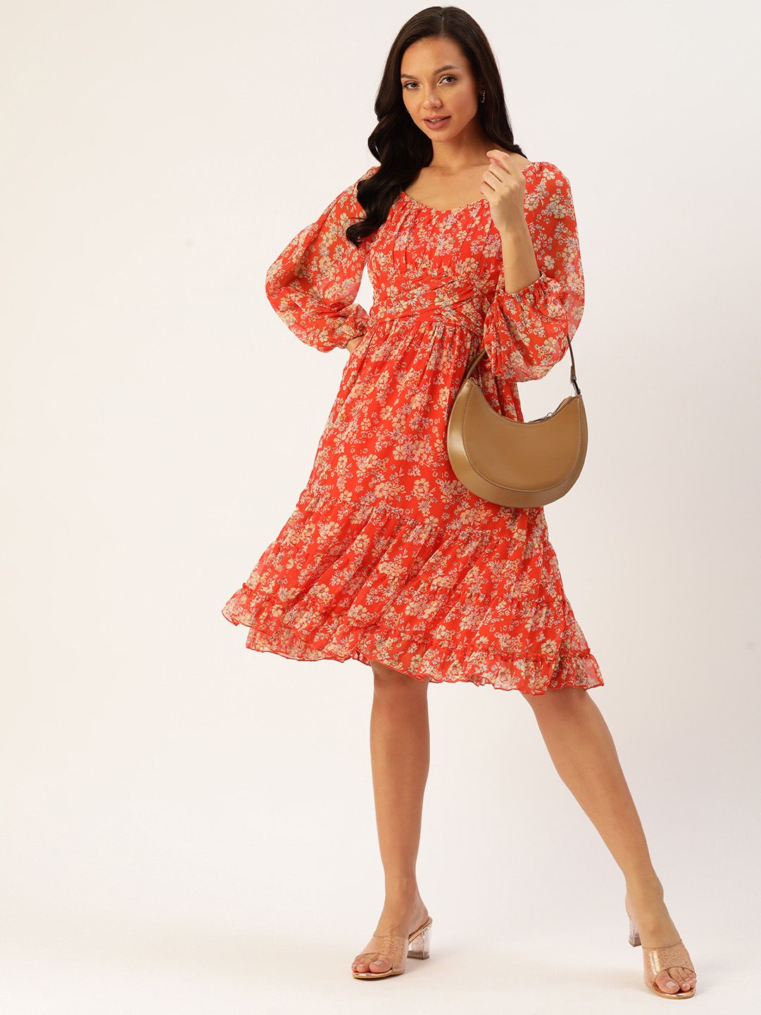 Antheaa Floral Print Puff Sleeve Chiffon A-Line Dress