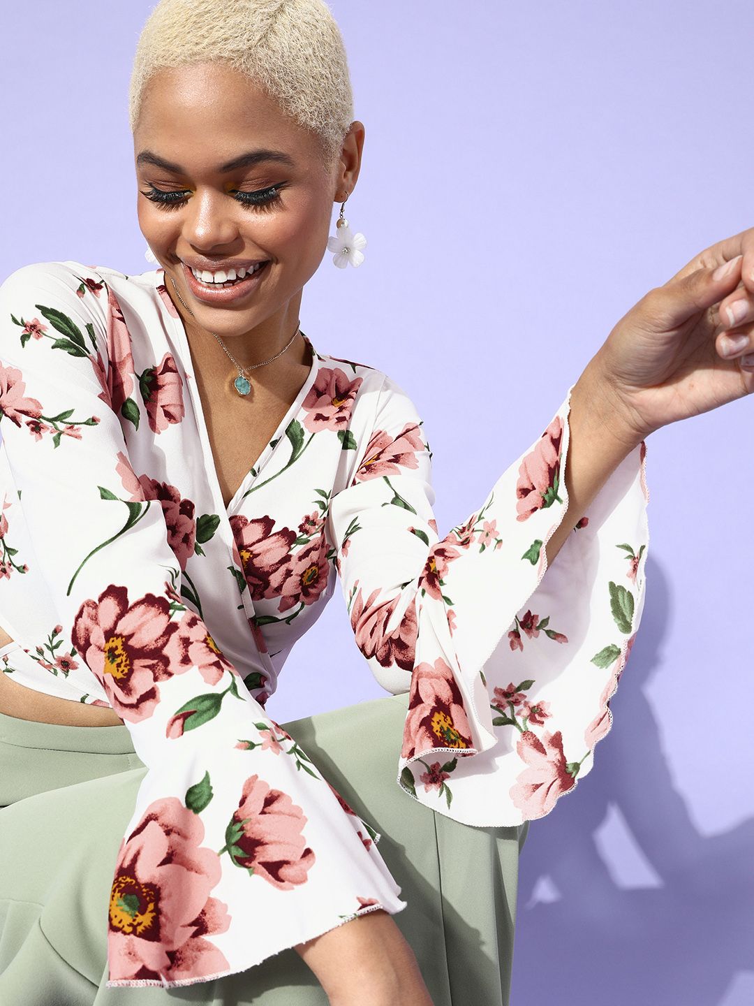 Berrylush Women White Floral Bell Sleeves Top
