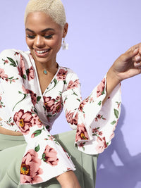 Berrylush Women White Floral Bell Sleeves Top