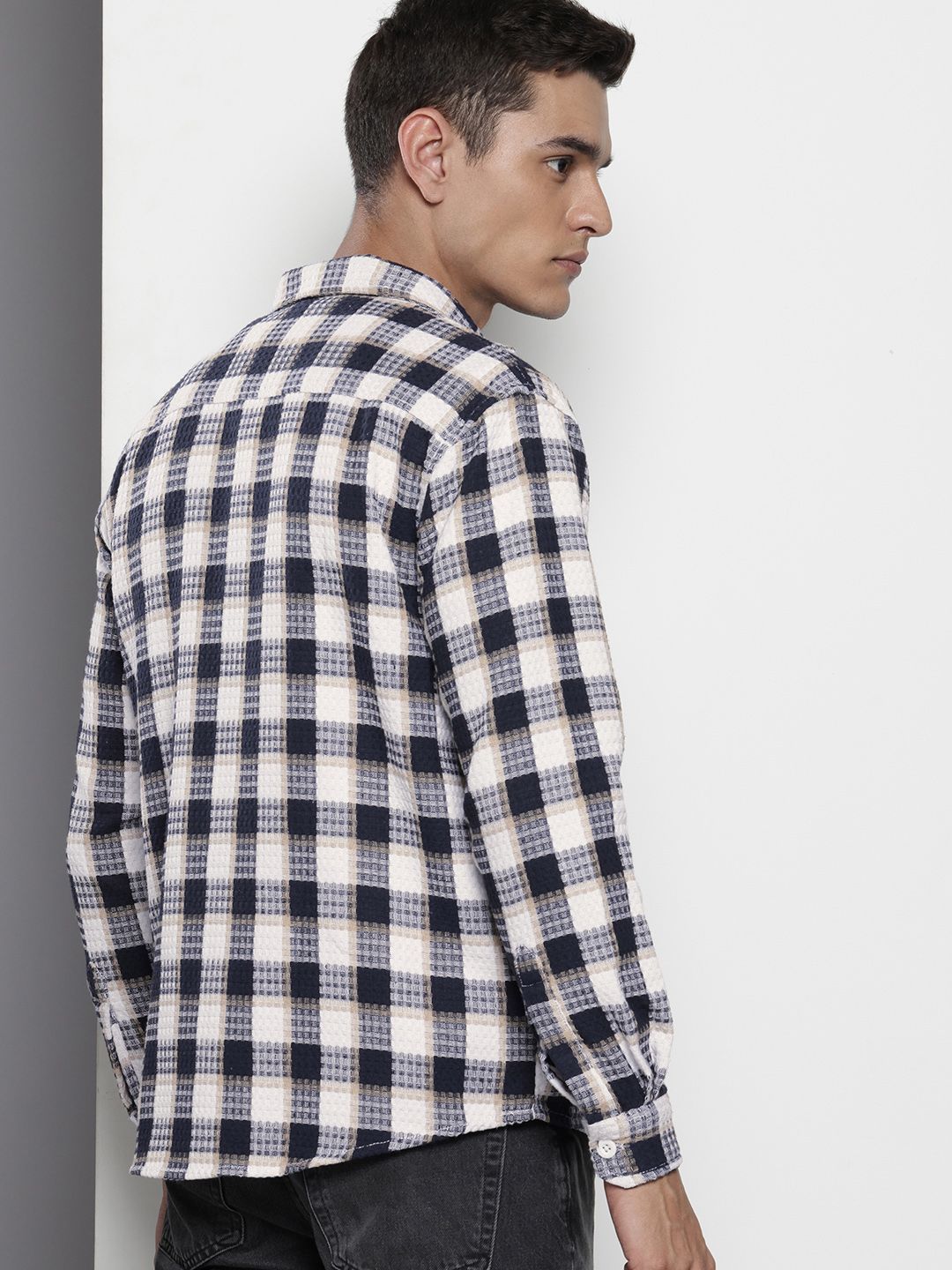 The Indian Garage Co Pure Cotton Textured Checked Drop-Shoulder Relaxed Casual Shirt