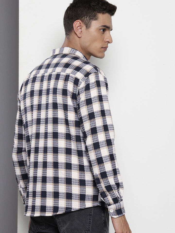 The Indian Garage Co Pure Cotton Textured Checked Drop-Shoulder Relaxed Casual Shirt