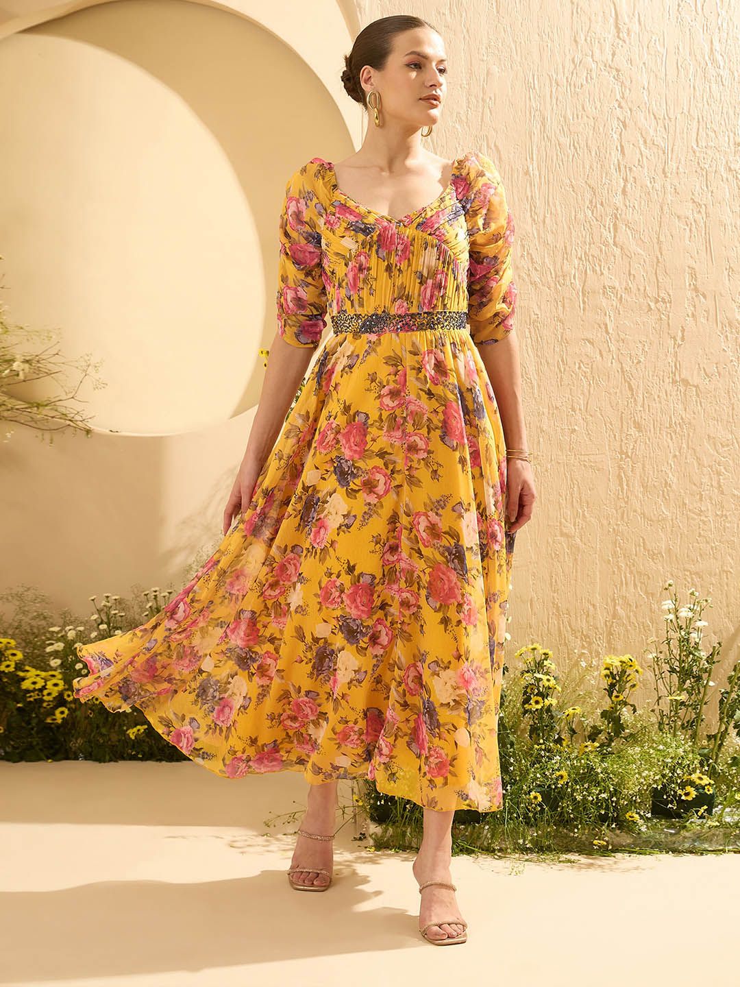 Antheaa Embellished Floral Print Chiffon Maxi Dress