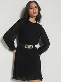 AND Cuffed Sleeves Accordion Pleated A-Line Dress
