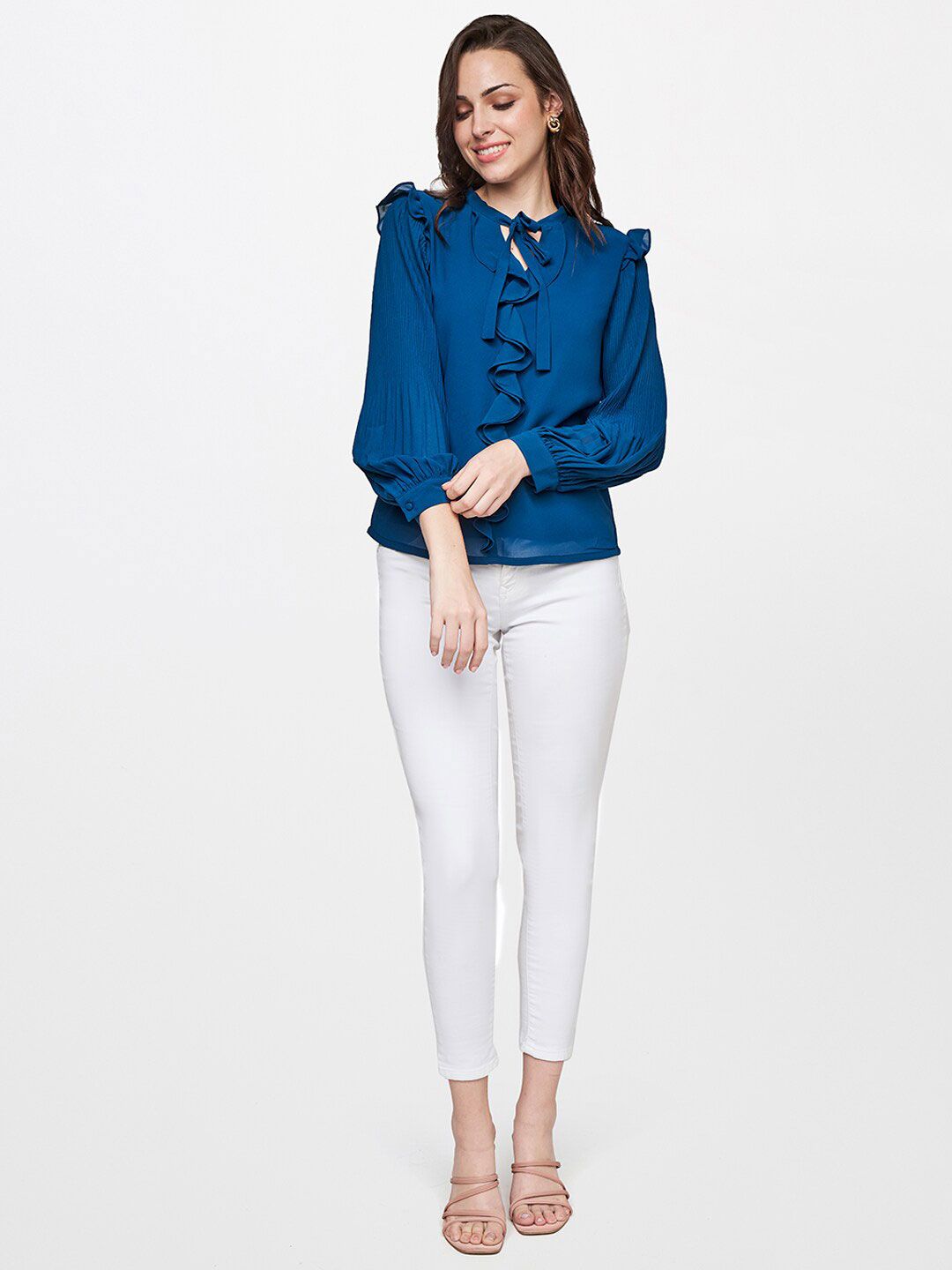 AND Teal Tie-Up Neck Bishop Sleeves Top