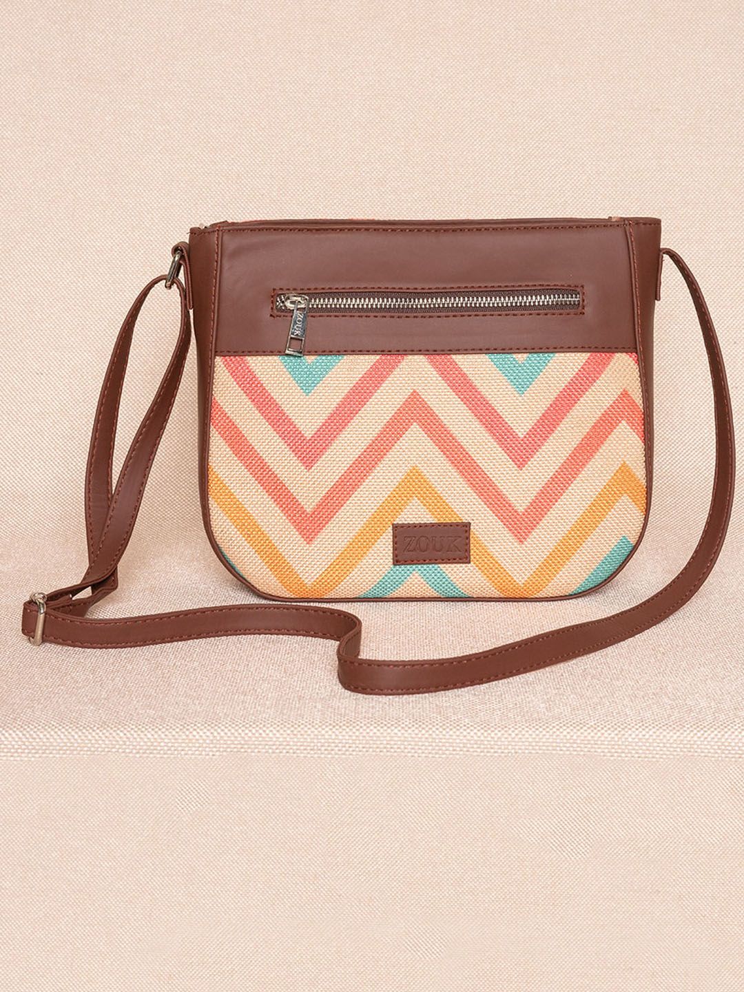 ZOUK Pink Geometric Striped Structured Sling Bag with Quilted