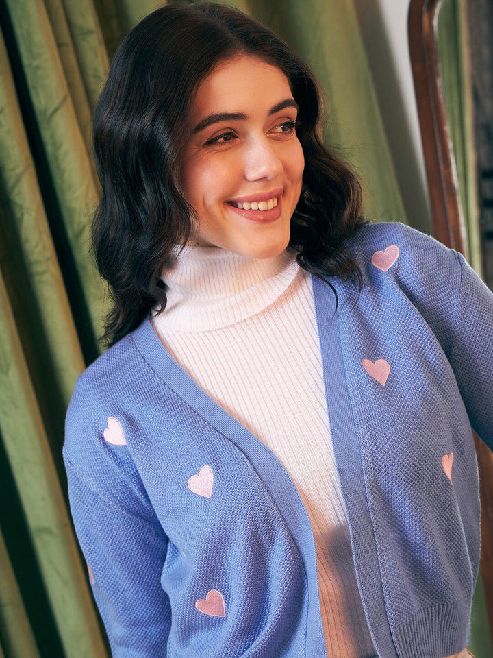 Berrylush Heart Graphic Printed Open Front Acrylic Sweater