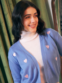 Berrylush Heart Graphic Printed Open Front Acrylic Sweater