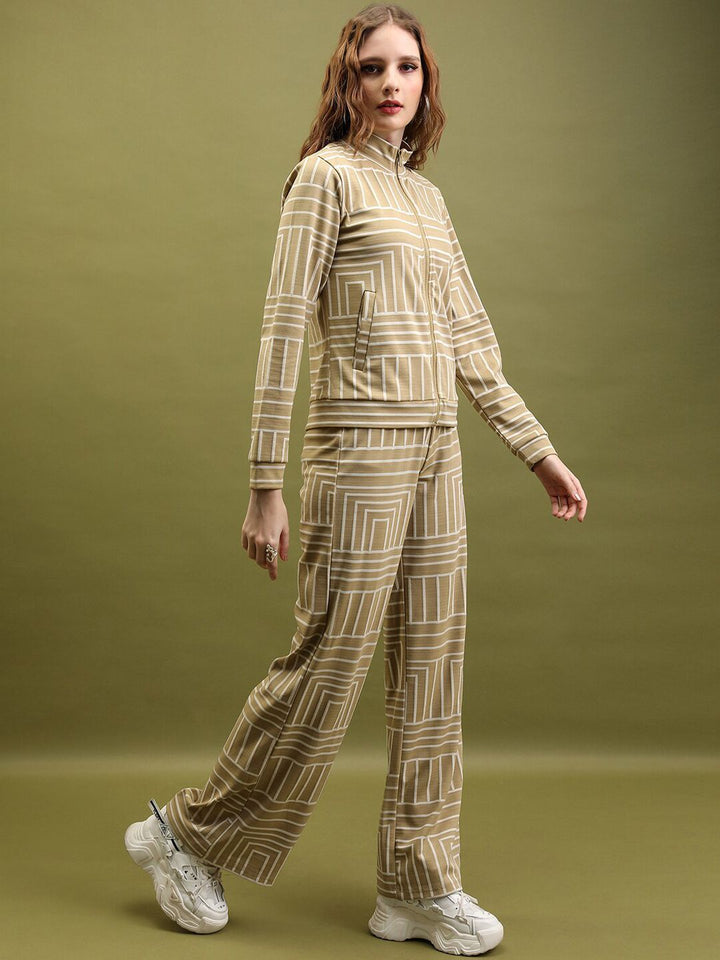 Tokyo Talkies Tan & White Geometric Printed High Neck Sweatshirt With Trouser