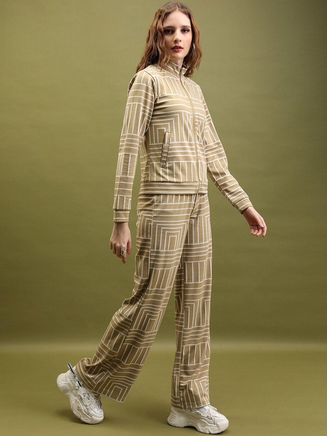 Tokyo Talkies Tan & White Geometric Printed High Neck Sweatshirt With Trouser