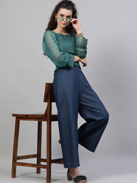 STREET 9 Women Blue Loose Fit Solid Parallel Cotton Trousers