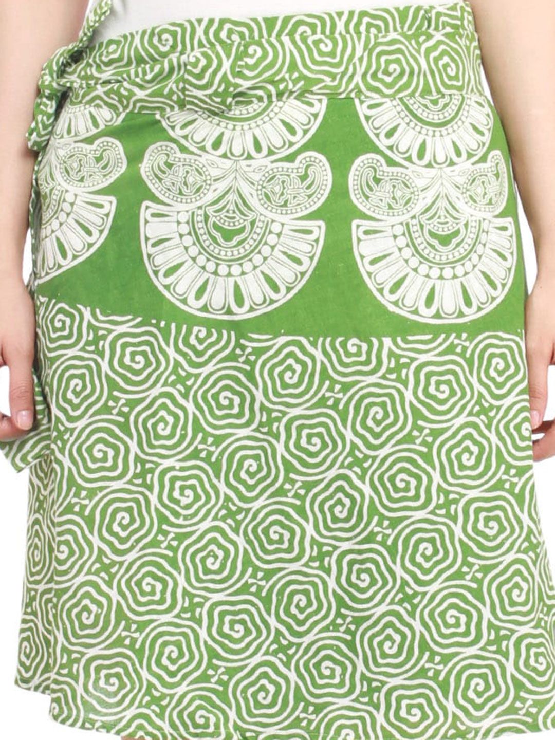 Exotic India Pure Cotton Block Printed Stone Green Wrap-Around Mini-Skirt