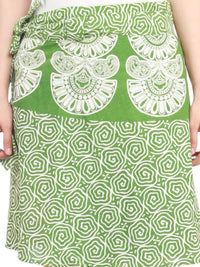 Exotic India Pure Cotton Block Printed Stone Green Wrap-Around Mini-Skirt