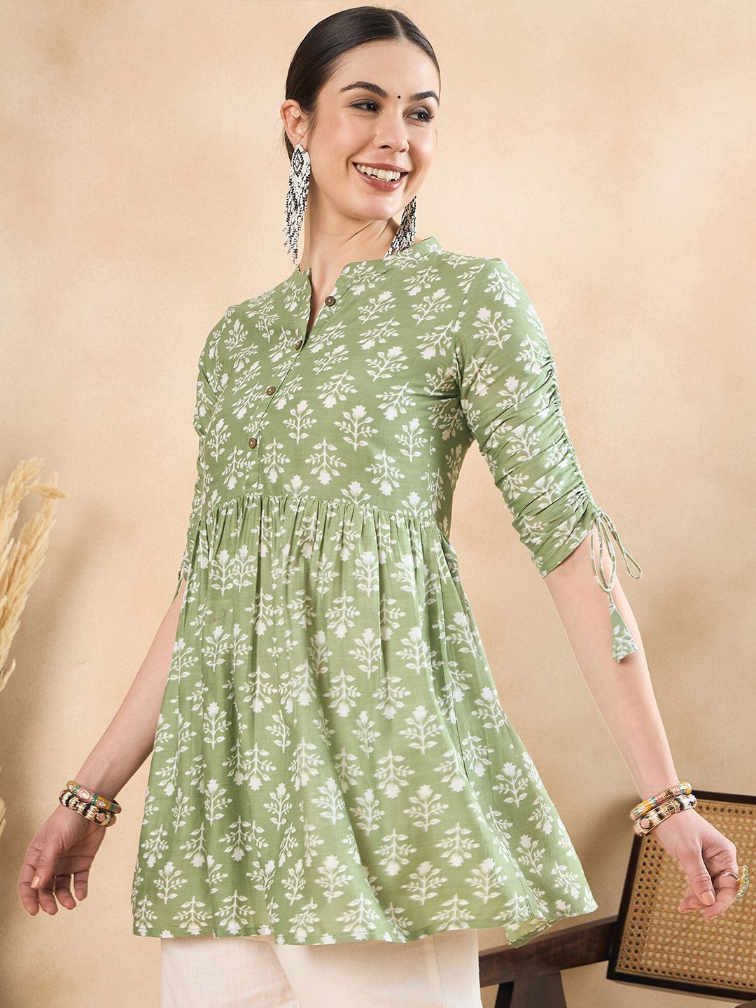 Anouk Floral Printed Ruched Pure Cotton A-Line Short Kurti