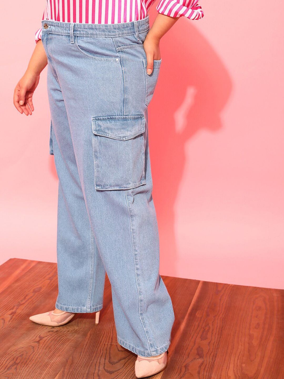 CURVY STREET Women Plus Size Blue Jean Wide Leg Pure Cotton Cargo Jeans