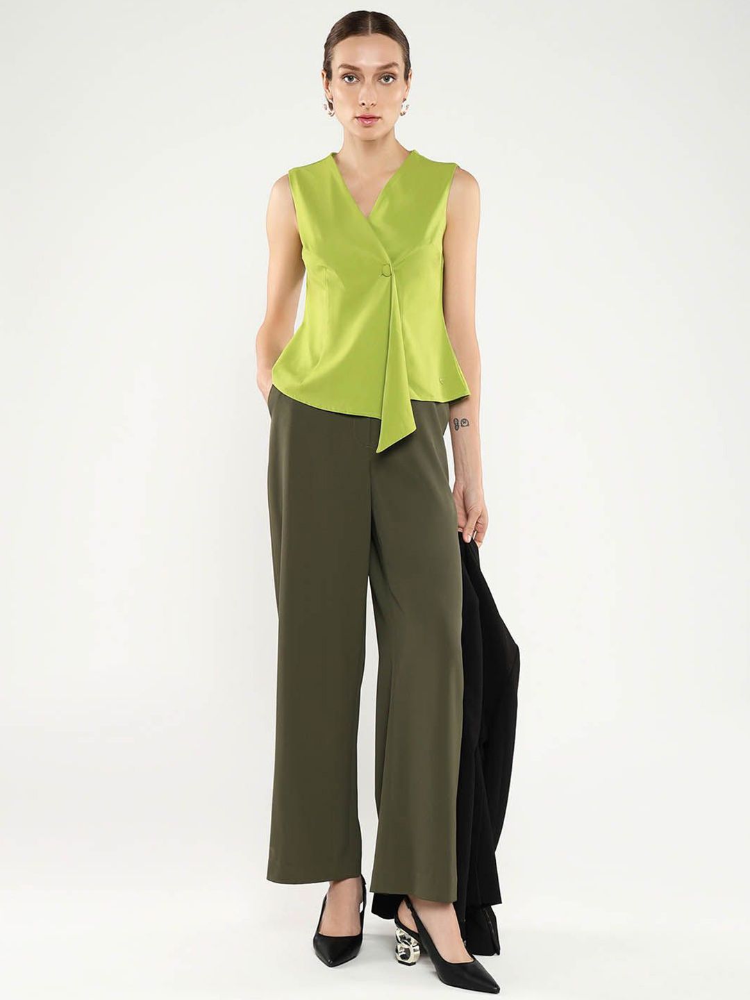 RAREISM Solid Cotton Wrap Sleeveless Shirt Style Top