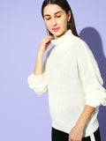 STREET 9 Women White Solid Turtle Neck Longline Pullover