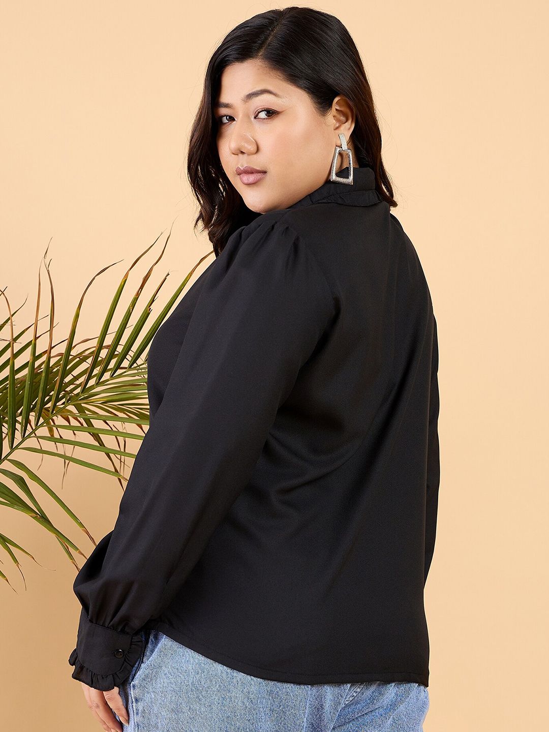 CURVY STREET Plus Size Comfort Opaque Frilled Casual Shirt
